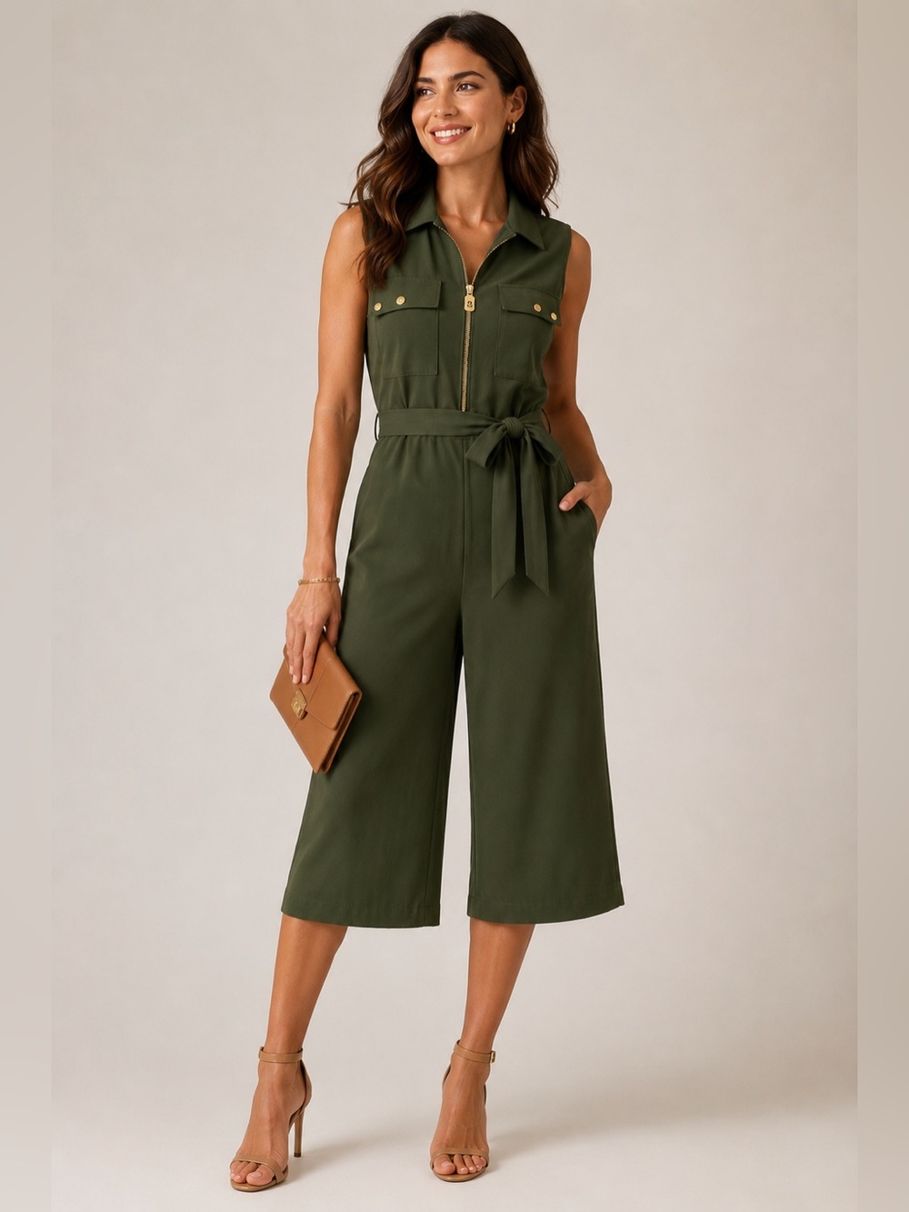 Michael Kors Olive Green Utility Cropped Jumpsuit Gold Zip Belted L NWT